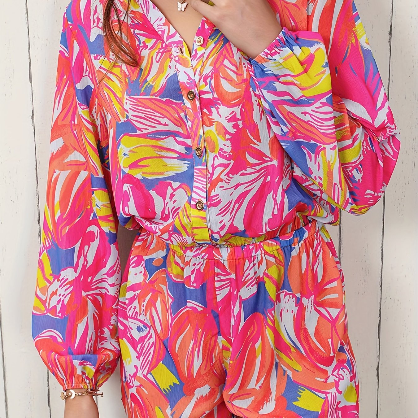 Abstract Print Button Front Romper Casual V Neck Long Sleeve