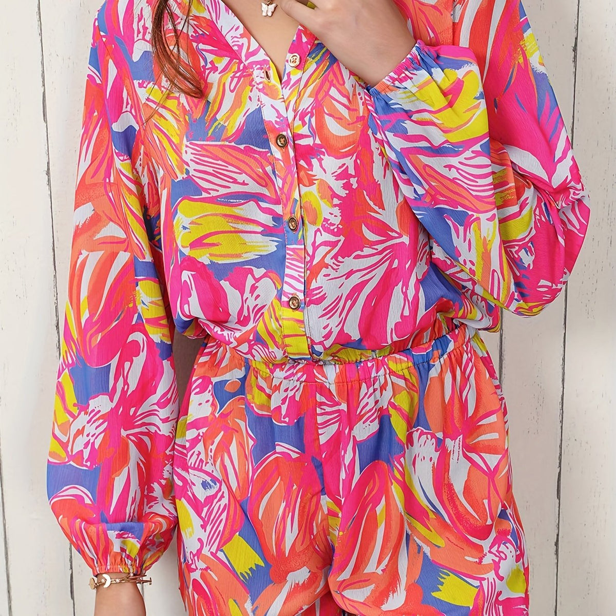 Abstract Print Button Front Romper Casual V Neck Long Sleeve