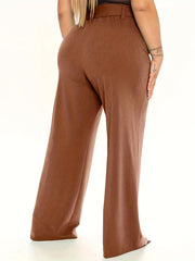 Women's Plus Solid Wide Leg Loose Trousers With Belt