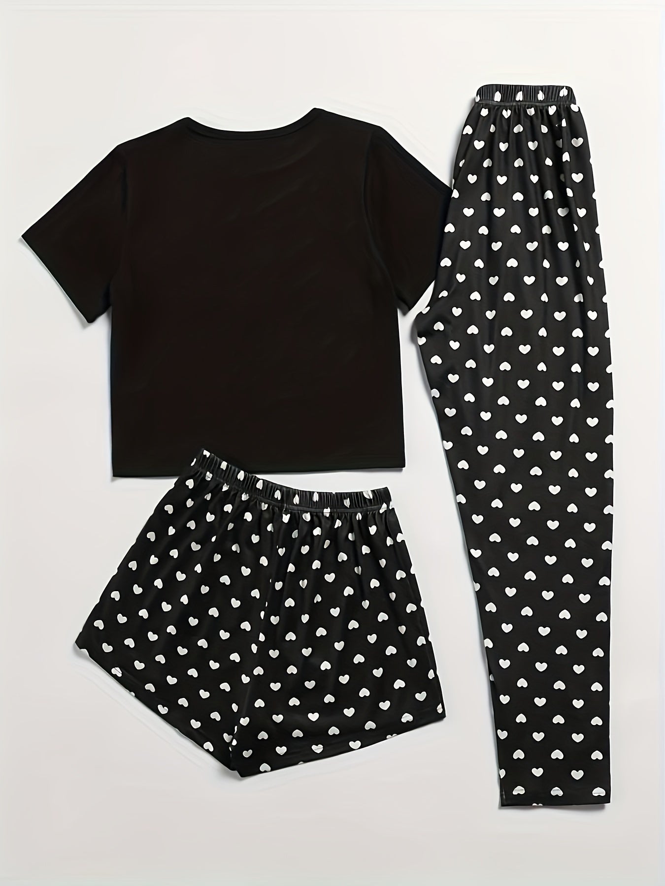 Heart Print Pajama Set Crew Neck Top & Shorts & Pants Women's Sleepwear