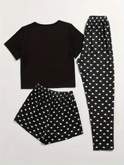 Heart Print Pajama Set Crew Neck Top & Shorts & Pants Women's Sleepwear