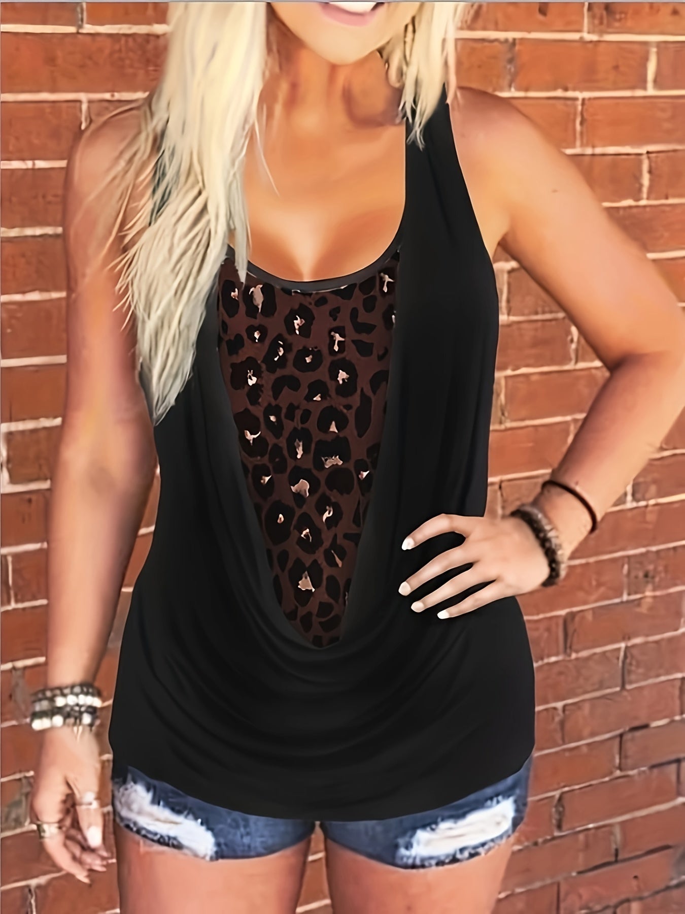  Colorblock Leopard Ruched Tank Top