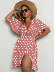  Dot Print Layered Bell Sleeve V Neck Midi Dress Women's Plus