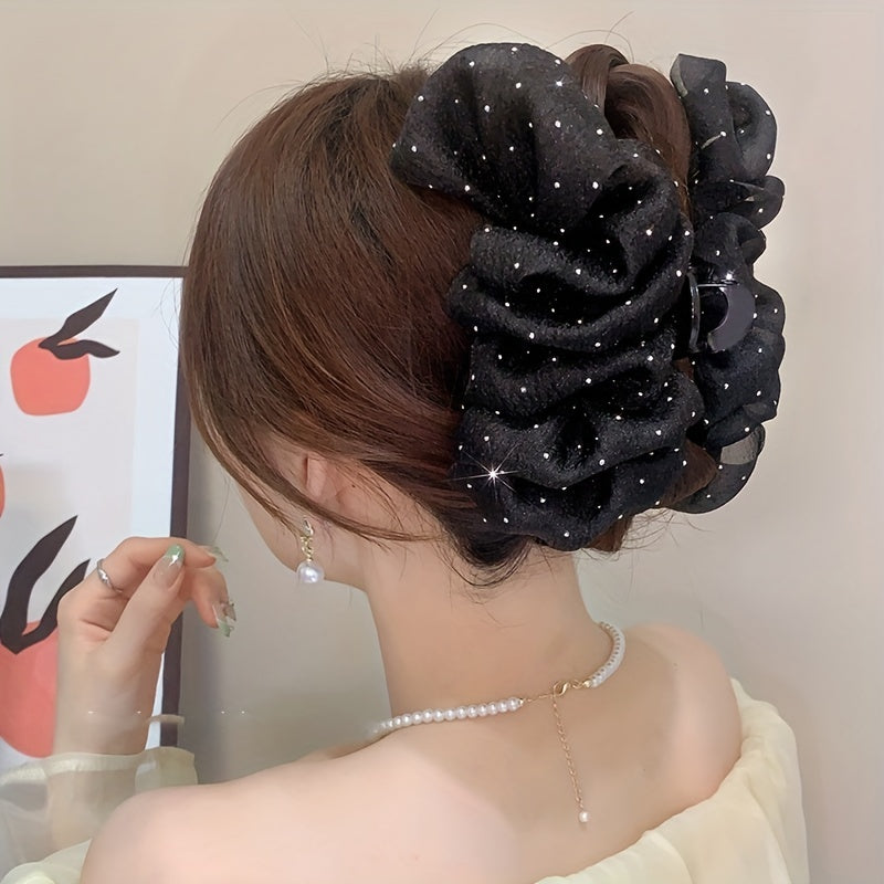 Ruffled Bow Hair Claw Glitter Rhinestone Hair Claw Nonslip Ponytail Holder