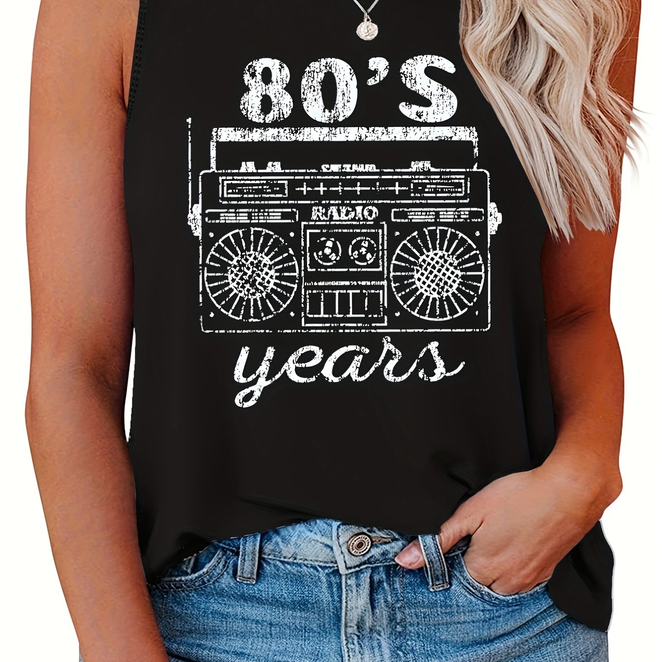 Casual Tank Top Women's Plus Radio & Letter Print Round Neck Tank Top