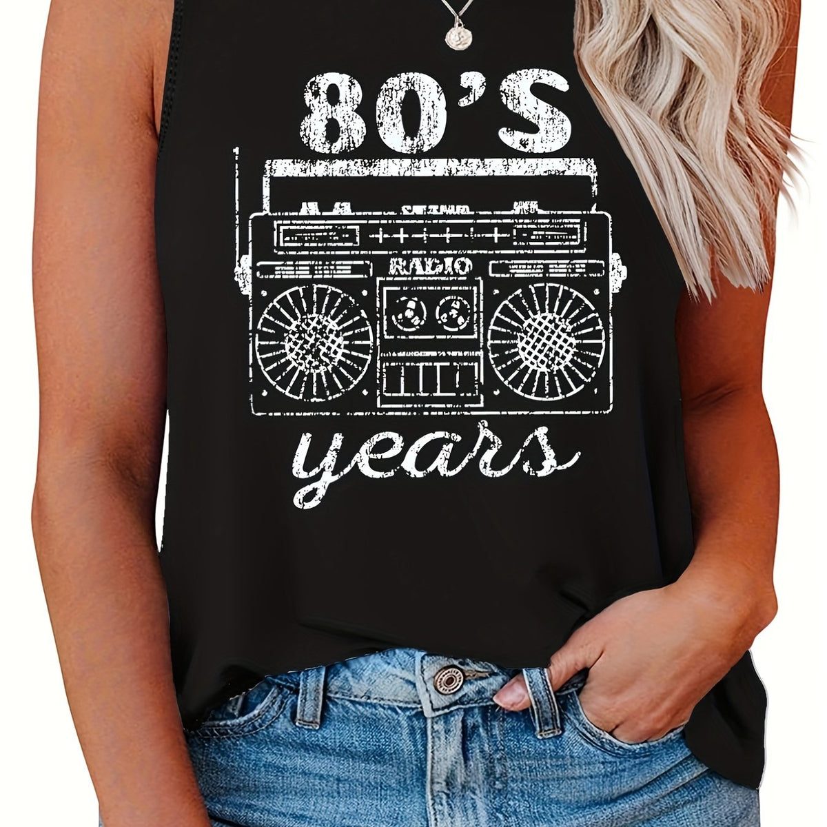  Casual Tank Top Women's Plus Radio & Letter Print Round Neck Tank Top