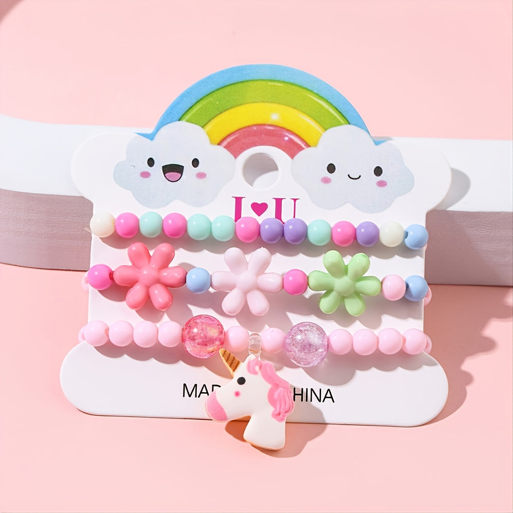 3pcs Unicorn Pendant Beaded Bracelet Set For Kids