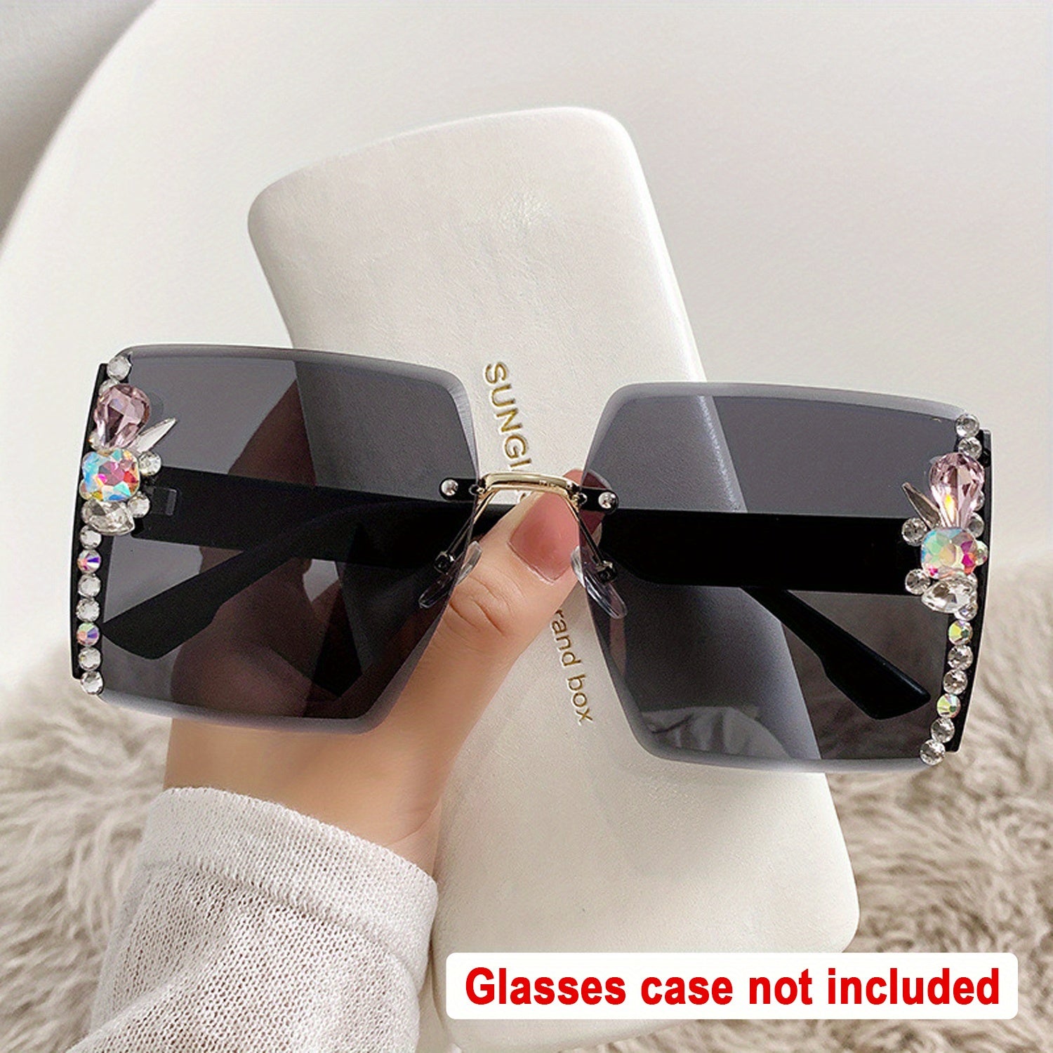 Rimless Square Sunglasses Rhinestone Gradient UV400