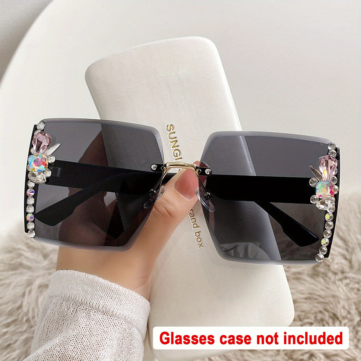 Rimless Square Sunglasses Rhinestone Gradient UV400