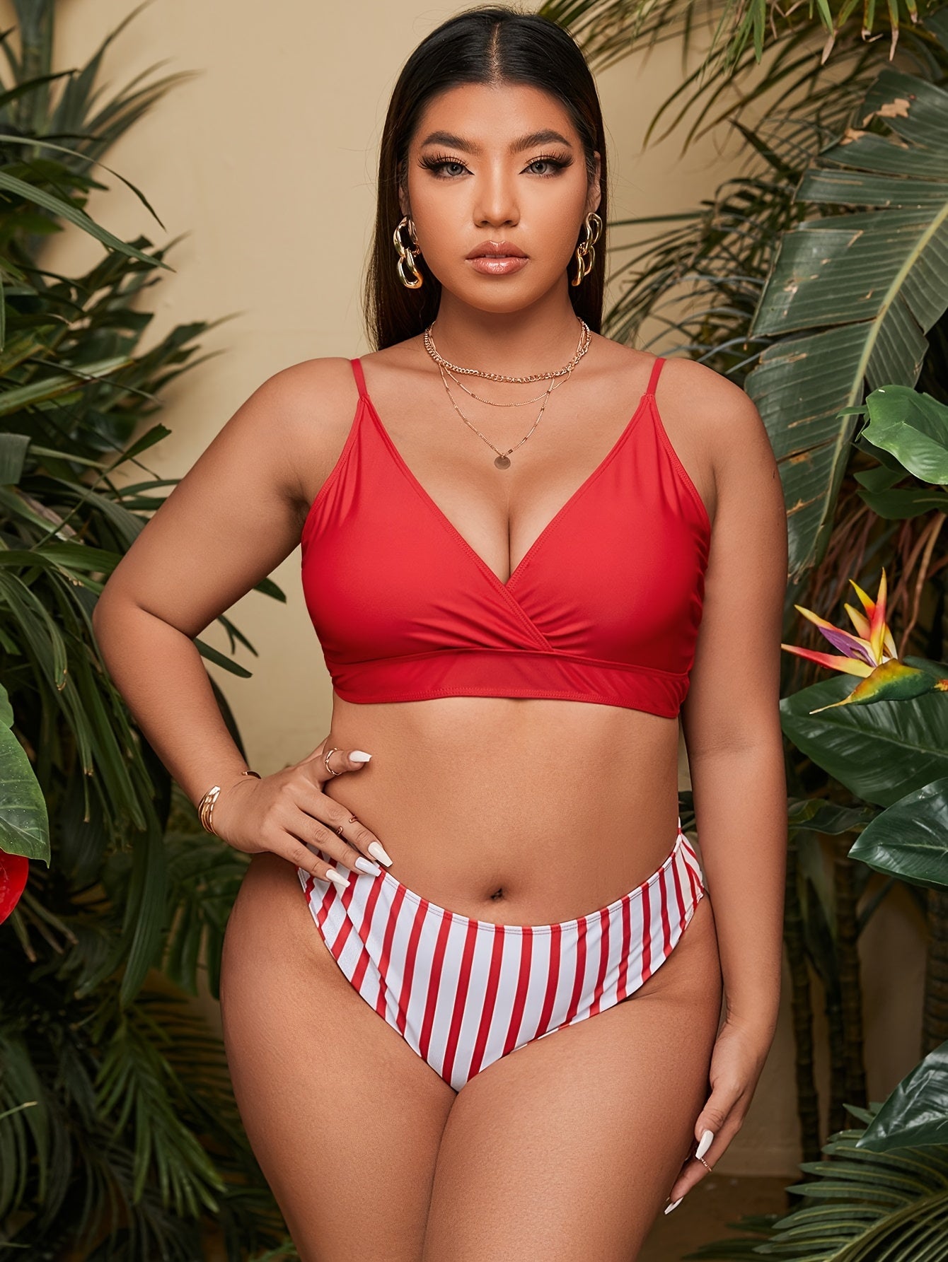  Casual Bikini Set Women's Plus Solid Bra & Stripe Print Underwear Biki