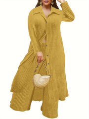  Ribbed Button Up Long Sleeve Polo Neck Blouse & Pants Set