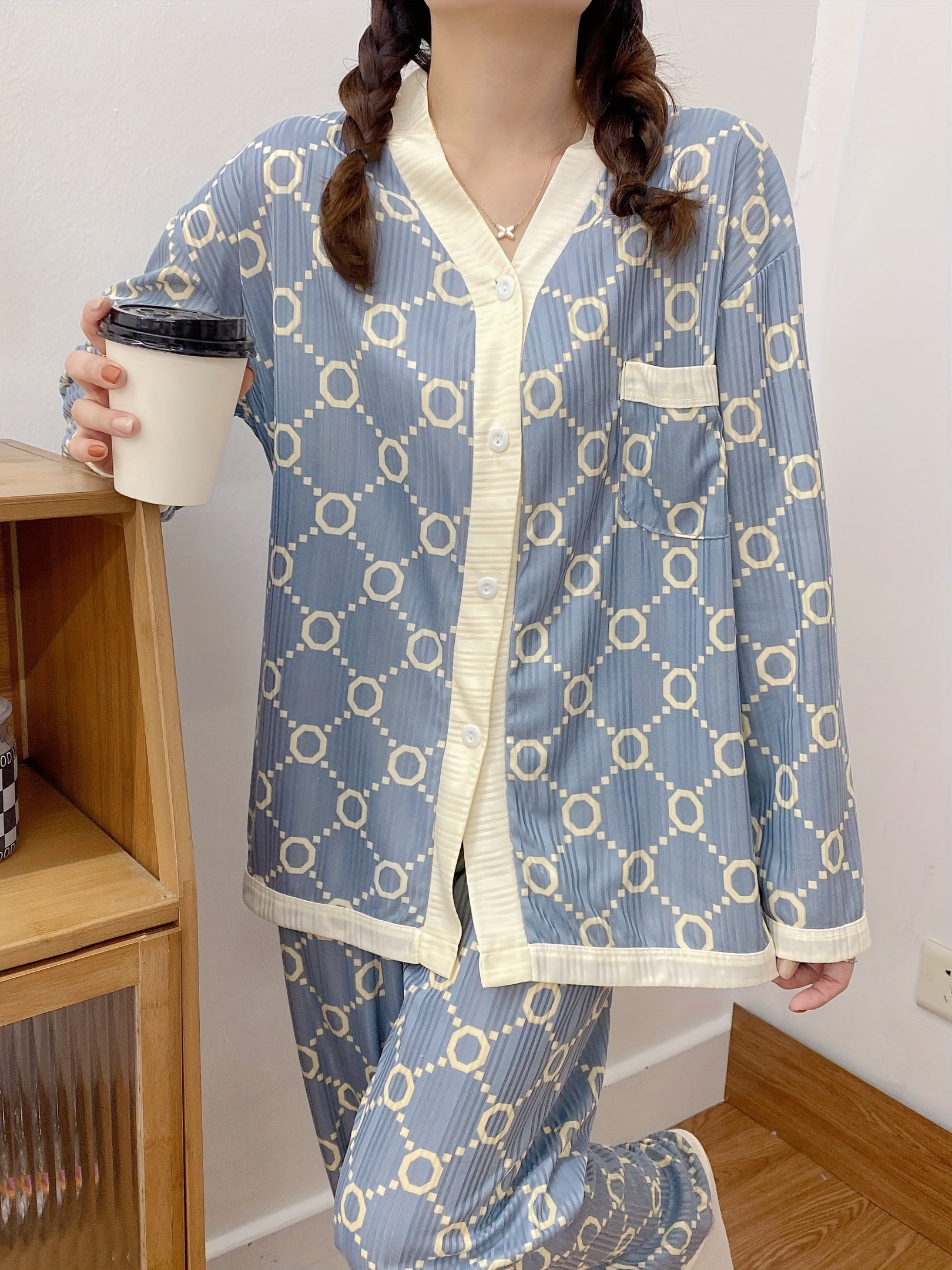 Geometric Pattern Pajama Set Long Sleeve & Elastic Waistband Pants