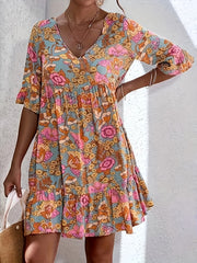  Floral Print V-Neck Mini Smock Dress