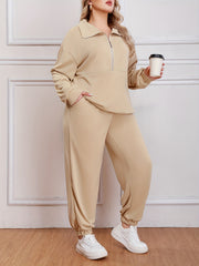  Solid Half Zipper Lapel Top & Jogger Pants Outfits Set