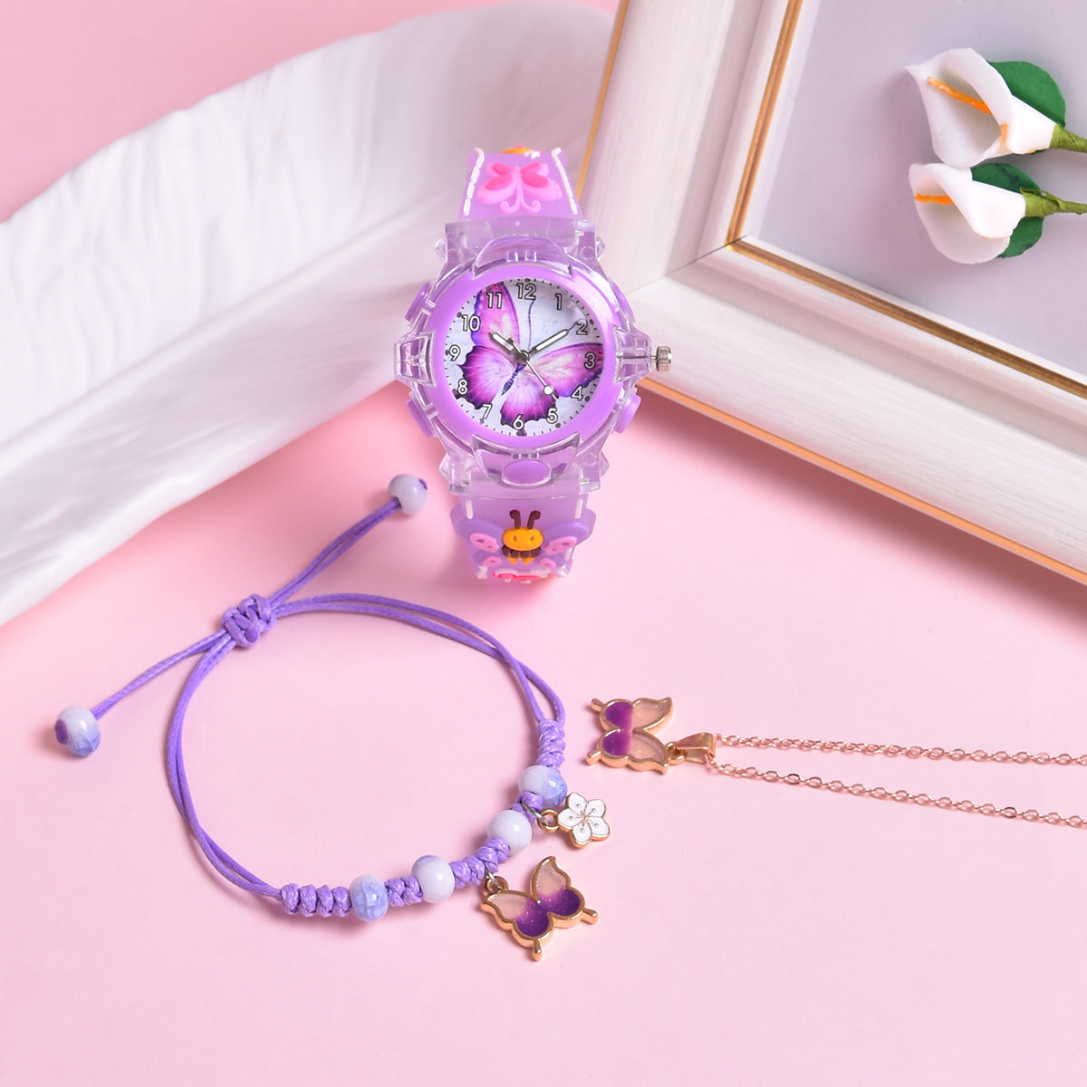 3pcs Girls Butterfly Suit Set: Watch, Necklace, Non-Rechargeable But