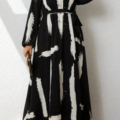  Brush Print Lantern Sleeve Maxi Dress With Belt