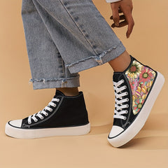 Women's High Top Canvas Shoes with Flower Pattern and Platform Sole
