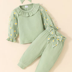 Girls Flower Print Ruffle Neck Pullover Top & Pants 2pcs Set