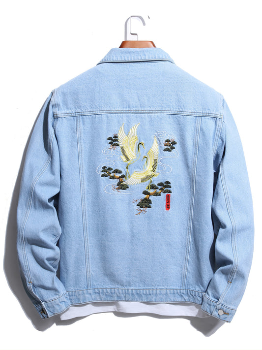 Men's Casual Crane Embroidered Denim Jacket