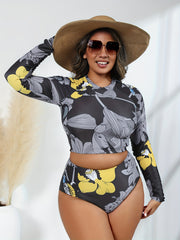  Sporty Bikini Set Women's Floral Print Long Sleeve Crop Top & Pan