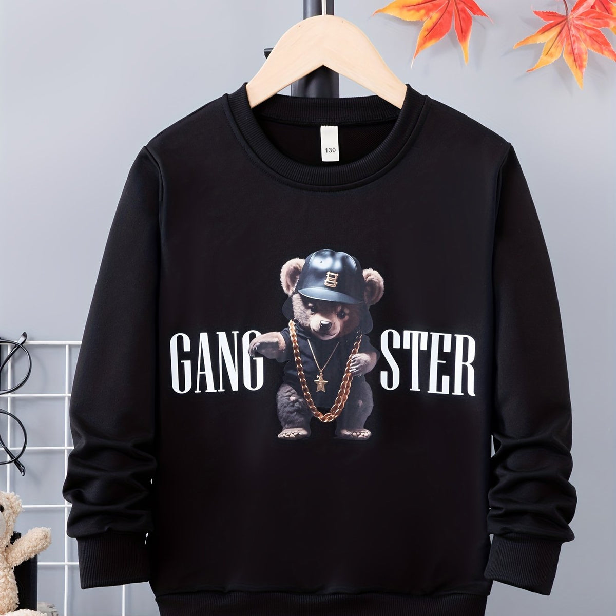 Bear Print Boys Casual Pullover Sweatshirt Long Sleeve Crew Neck Tops
