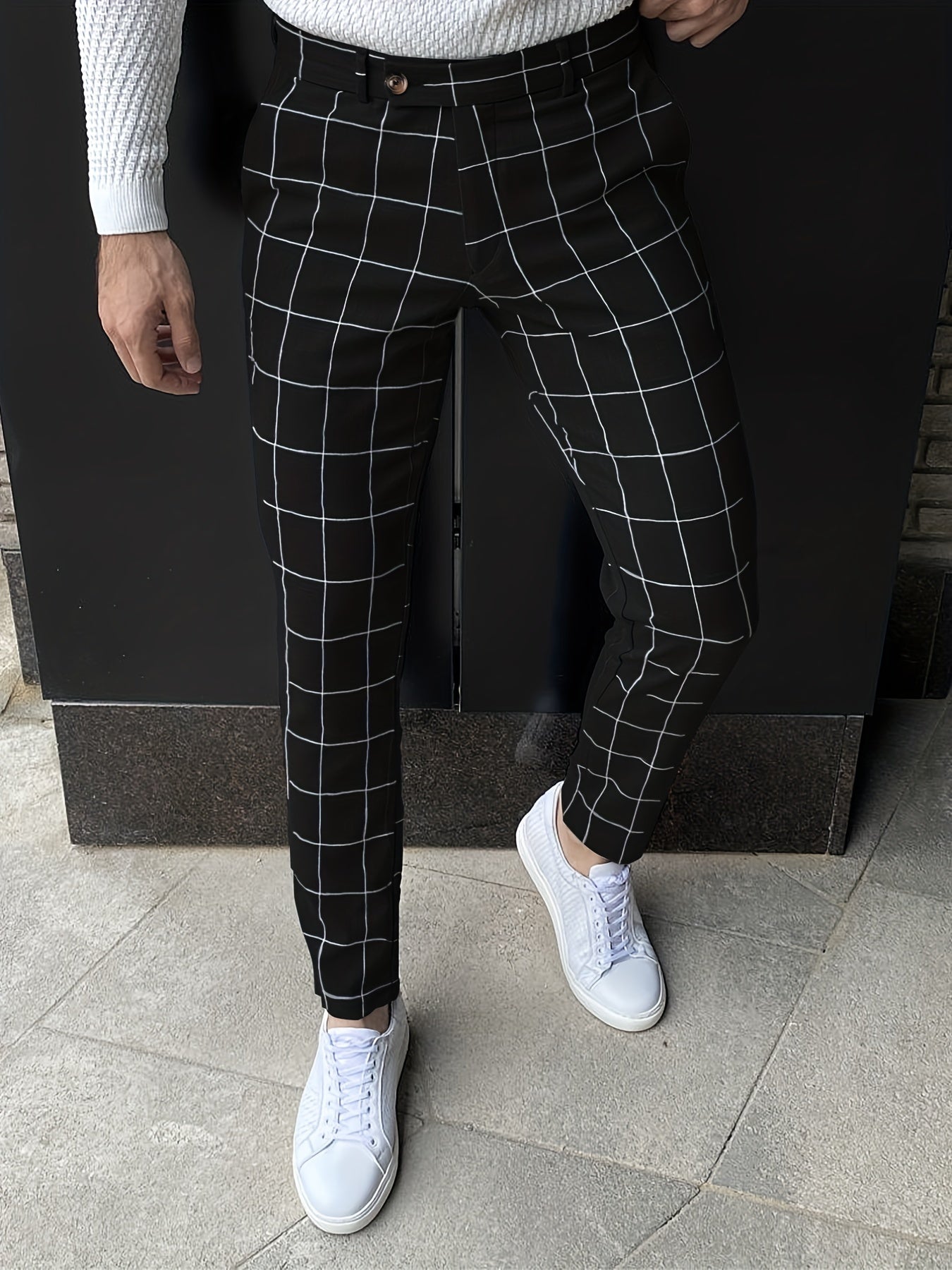 Slim Fit Plaid Slacks Men's Casual Vintage Style Slightly Stretch Dress Pants