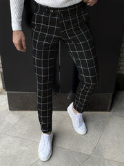 Slim Fit Plaid Slacks Men's Casual Vintage Style Slightly Stretch Dress Pants