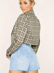 Plaid Print Long Sleeve Crop Blazer