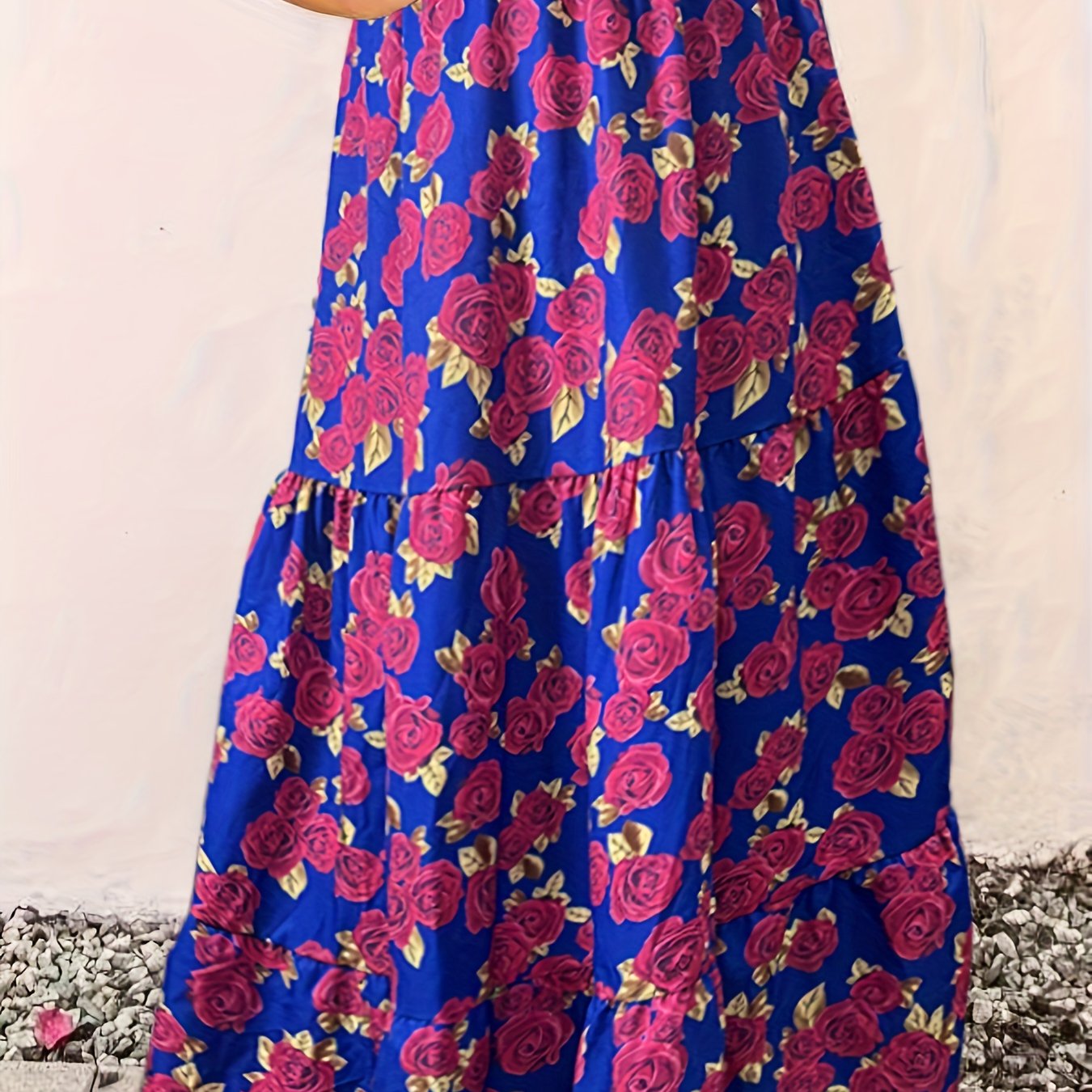  Boho Skirt Women's Plus Allover Rose Print Elastic Waisted Maxi Smock