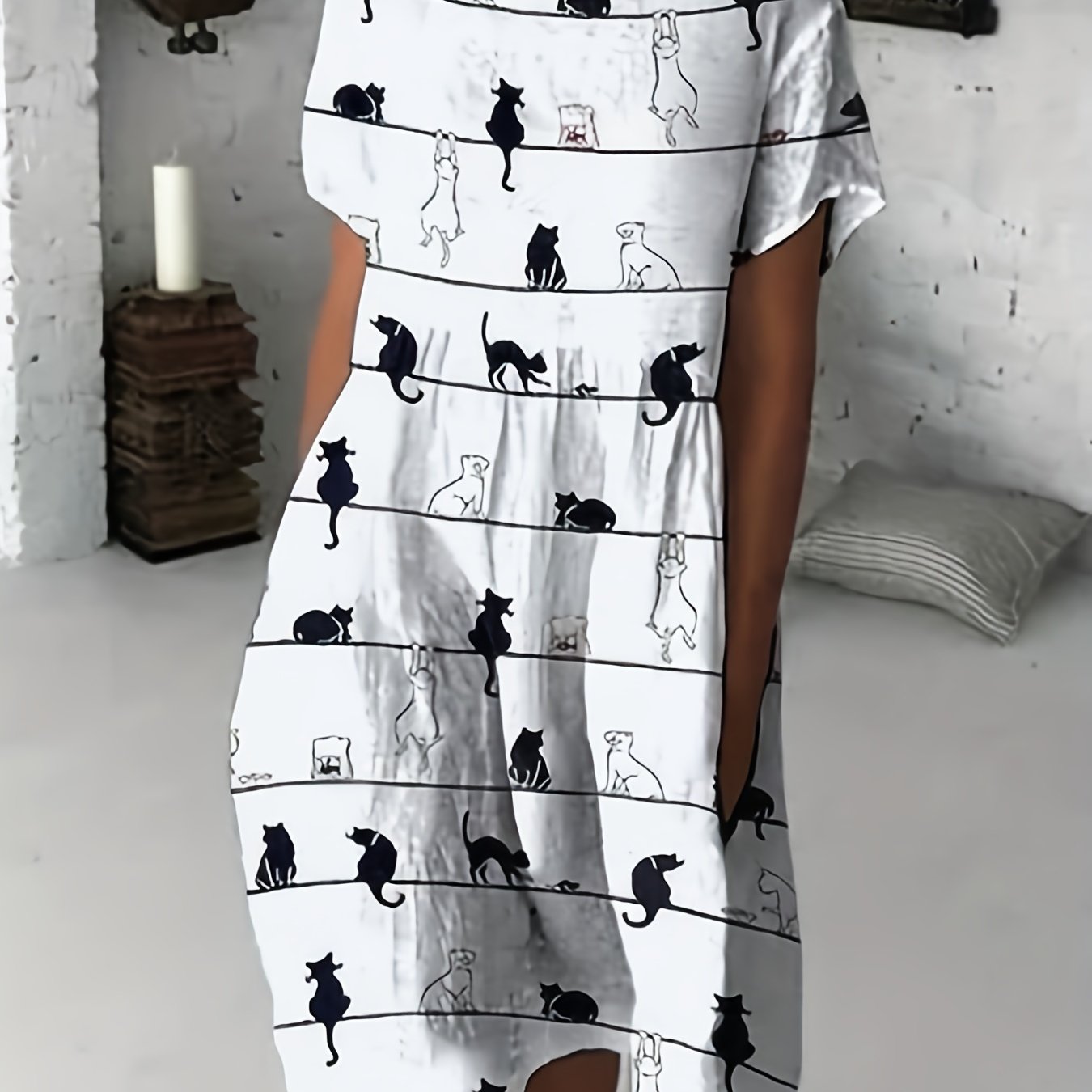  Cat Print Short Sleeve Round Neck Dress