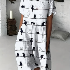  Cat Print Short Sleeve Round Neck Dress