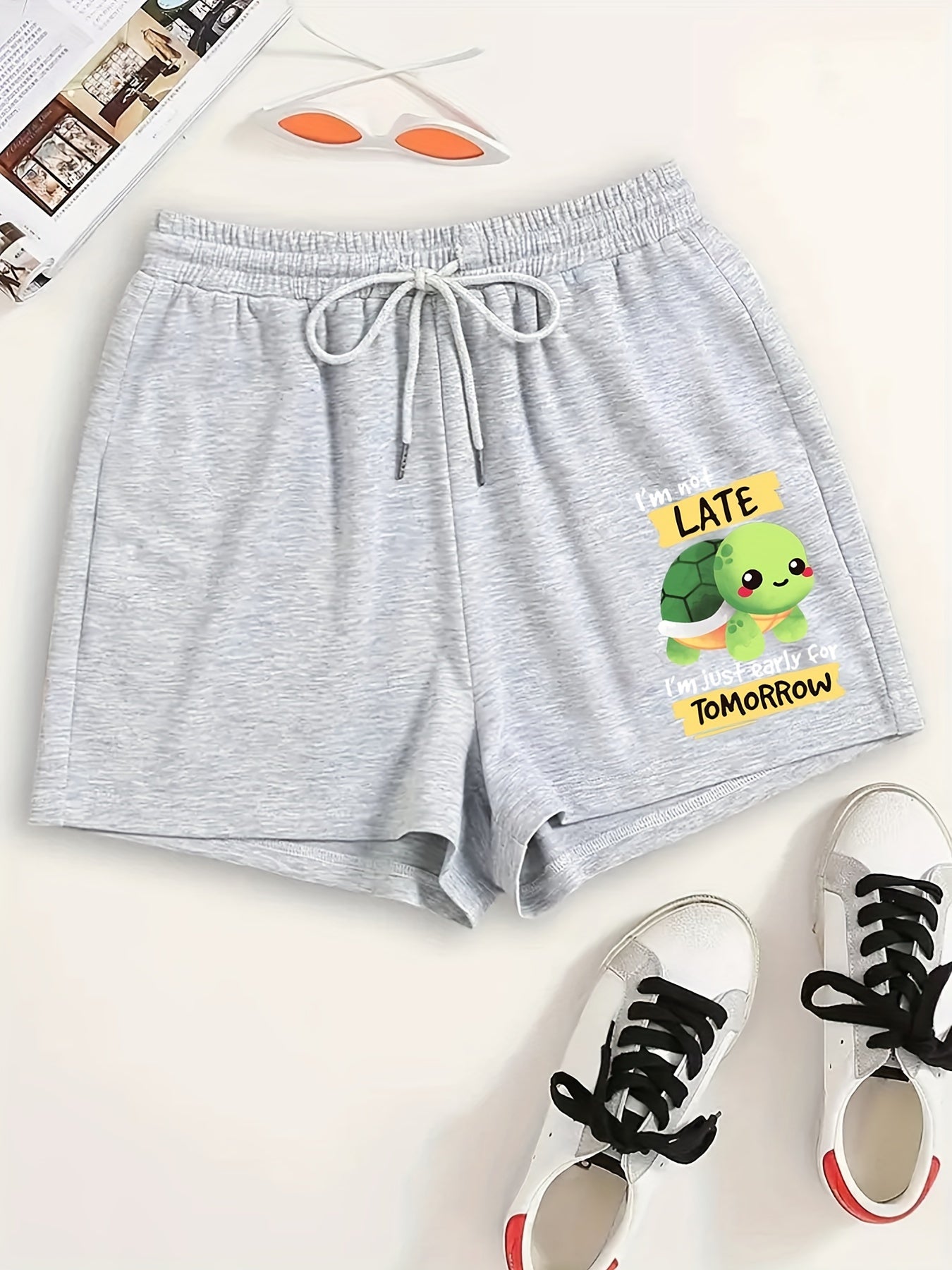  Turtle & Slogan Print Pajama Shorts