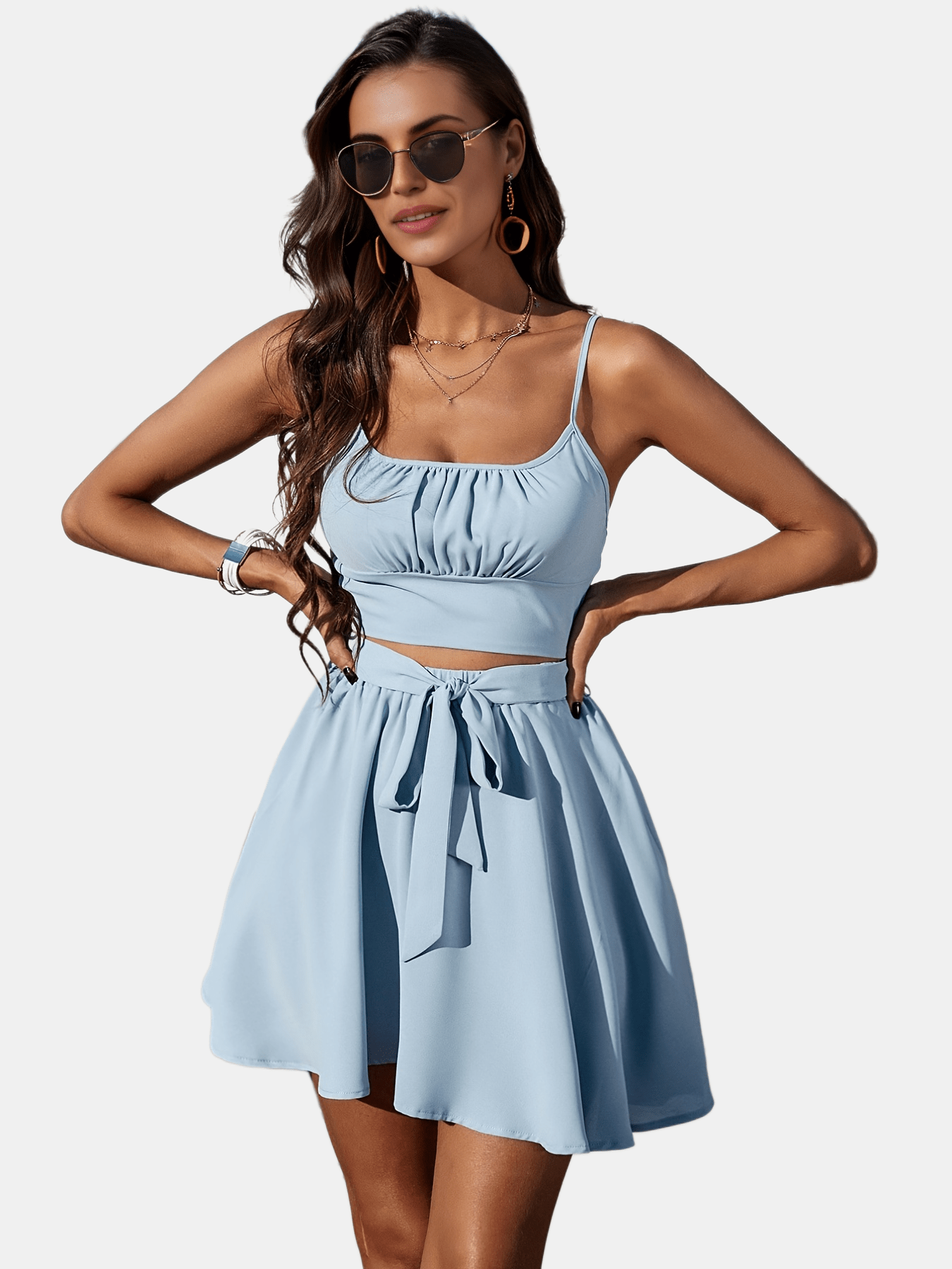Solid Slim Two-piece Skirt Set Crop Ruched Cami Top & Skirt Outfit