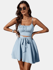 Solid Slim Two-piece Skirt Set Crop Ruched Cami Top & Skirt Outfit
