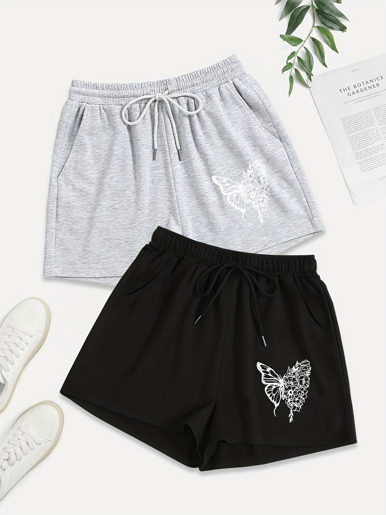 2 Pack Plus Size Casual Shorts Women's Plus Floral Butterfly Print Two Piece Set
