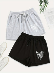 2 Pack Plus Size Casual Shorts Women's Plus Floral Butterfly Print Two Piece Set