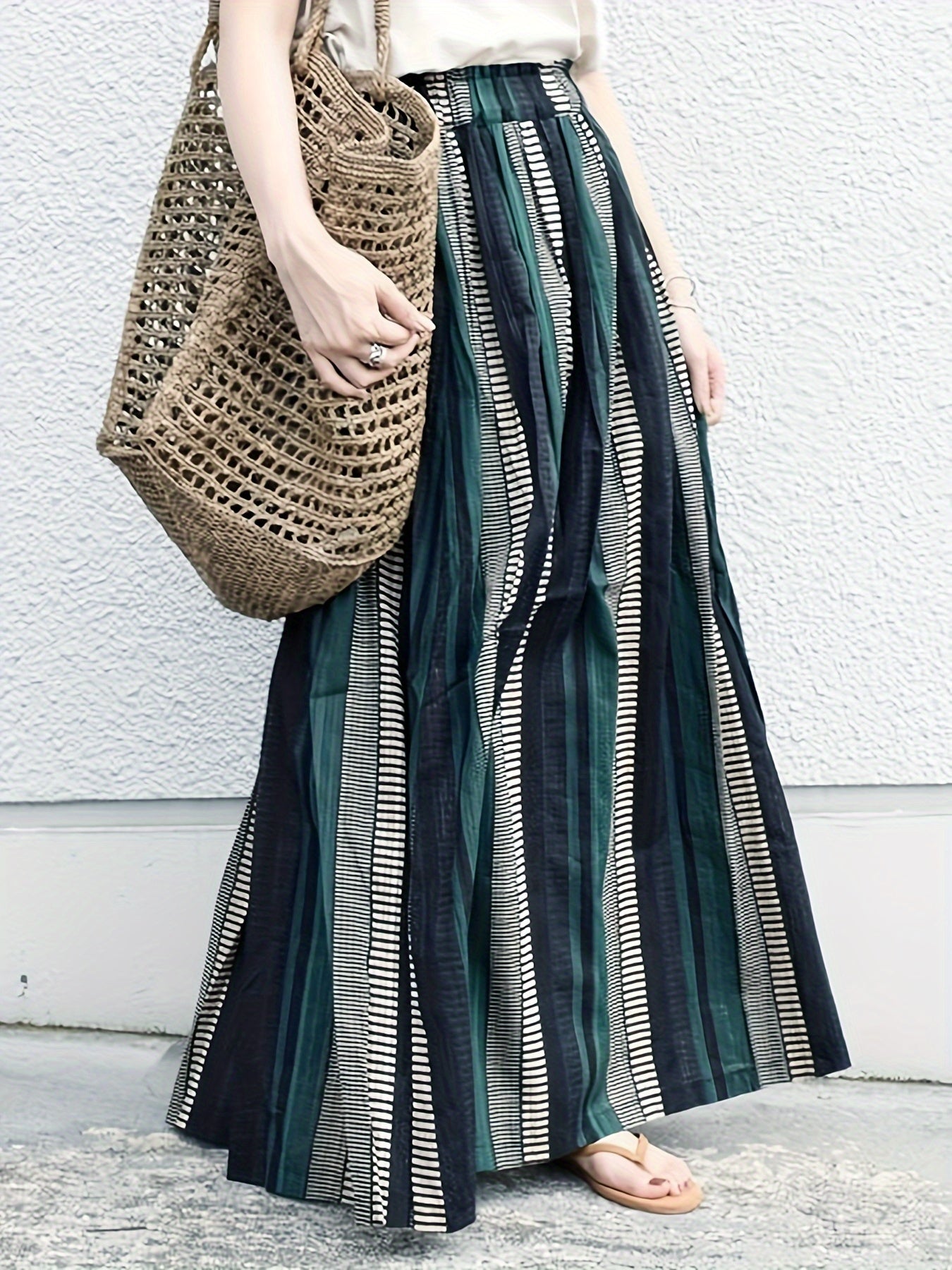 Colorblock Swing Maxi Skirt High Rise Elastic Waist