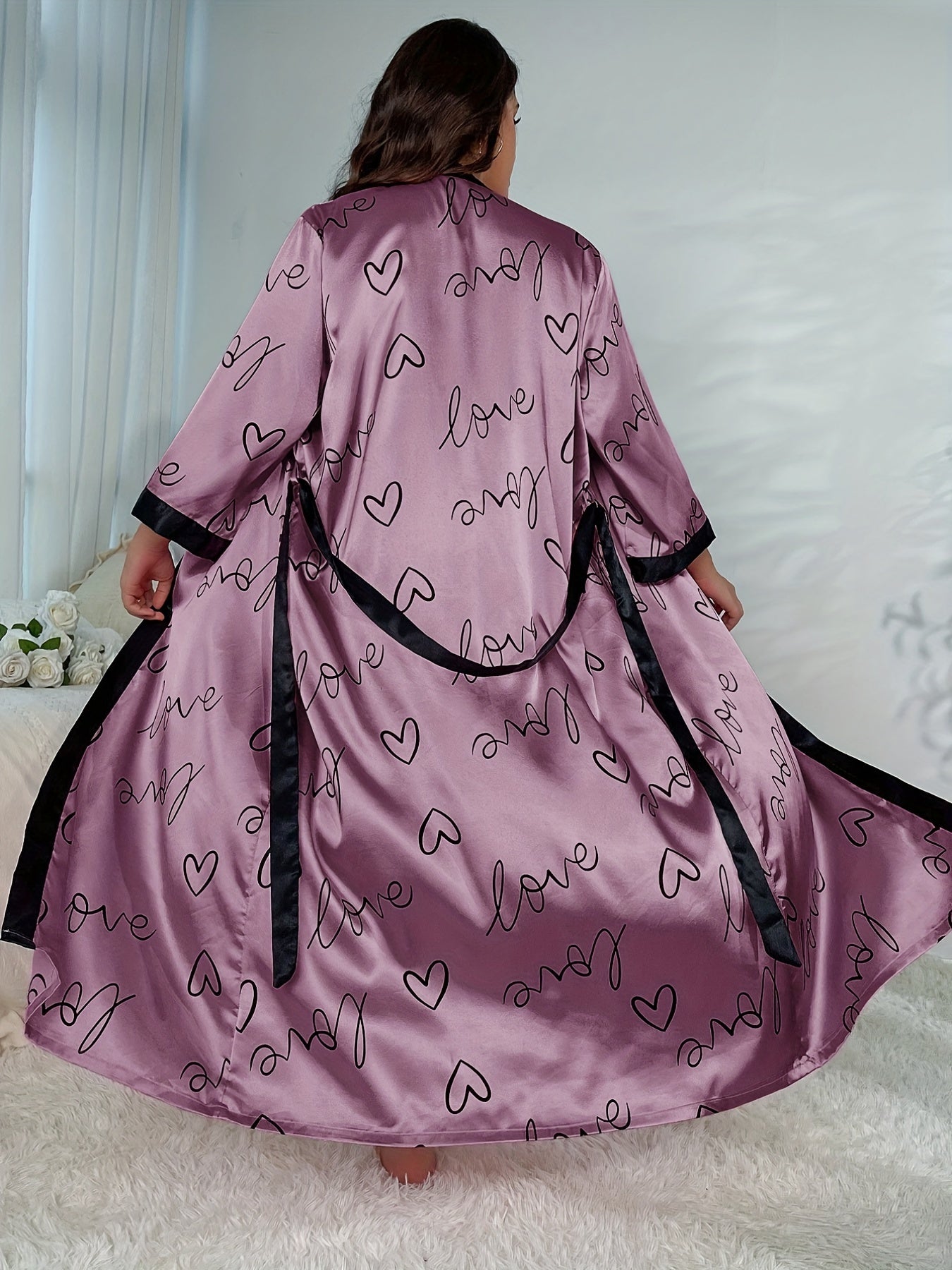  Heart Print Satin Pajama Set with Robe