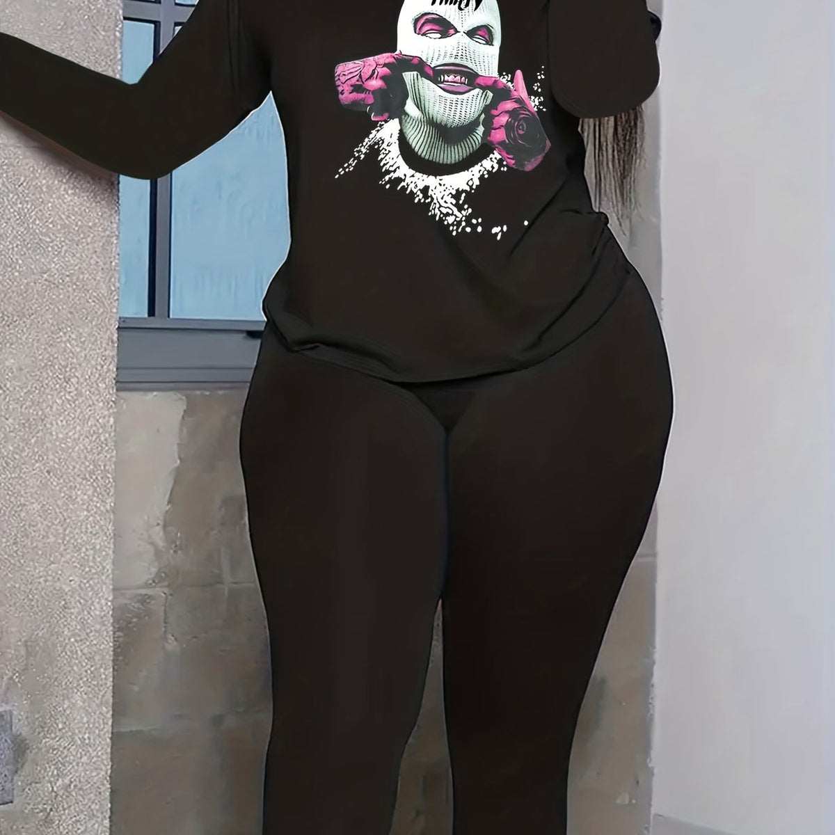  Women's Halloween 2 Piece Set, Cartoon & Letter Print Top & Leggings