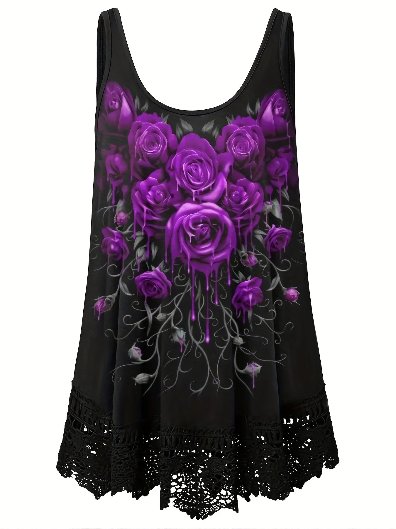  Rose Print Lace Tank Top Women's Sleeveless Casual Top