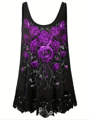  Rose Print Lace Tank Top Women's Sleeveless Casual Top