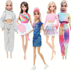 15pcs 5 Inch Doll Casual Sportswear Set-5 Outfits, Accessories, Hat, Racket, B