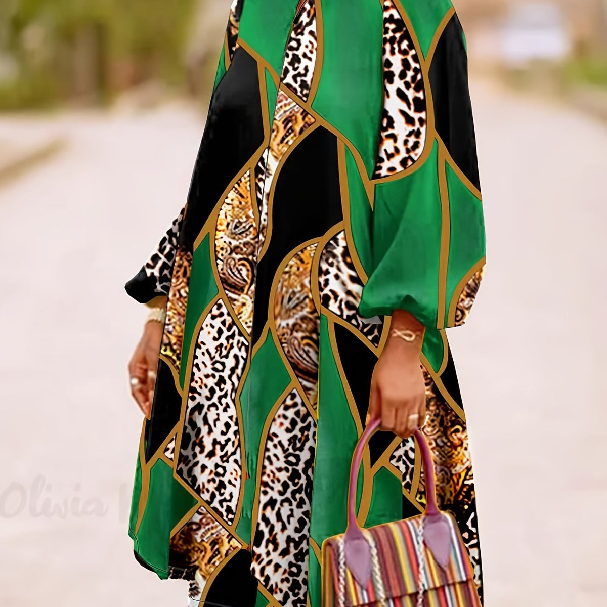  Colorblock Leopard Printed Dress