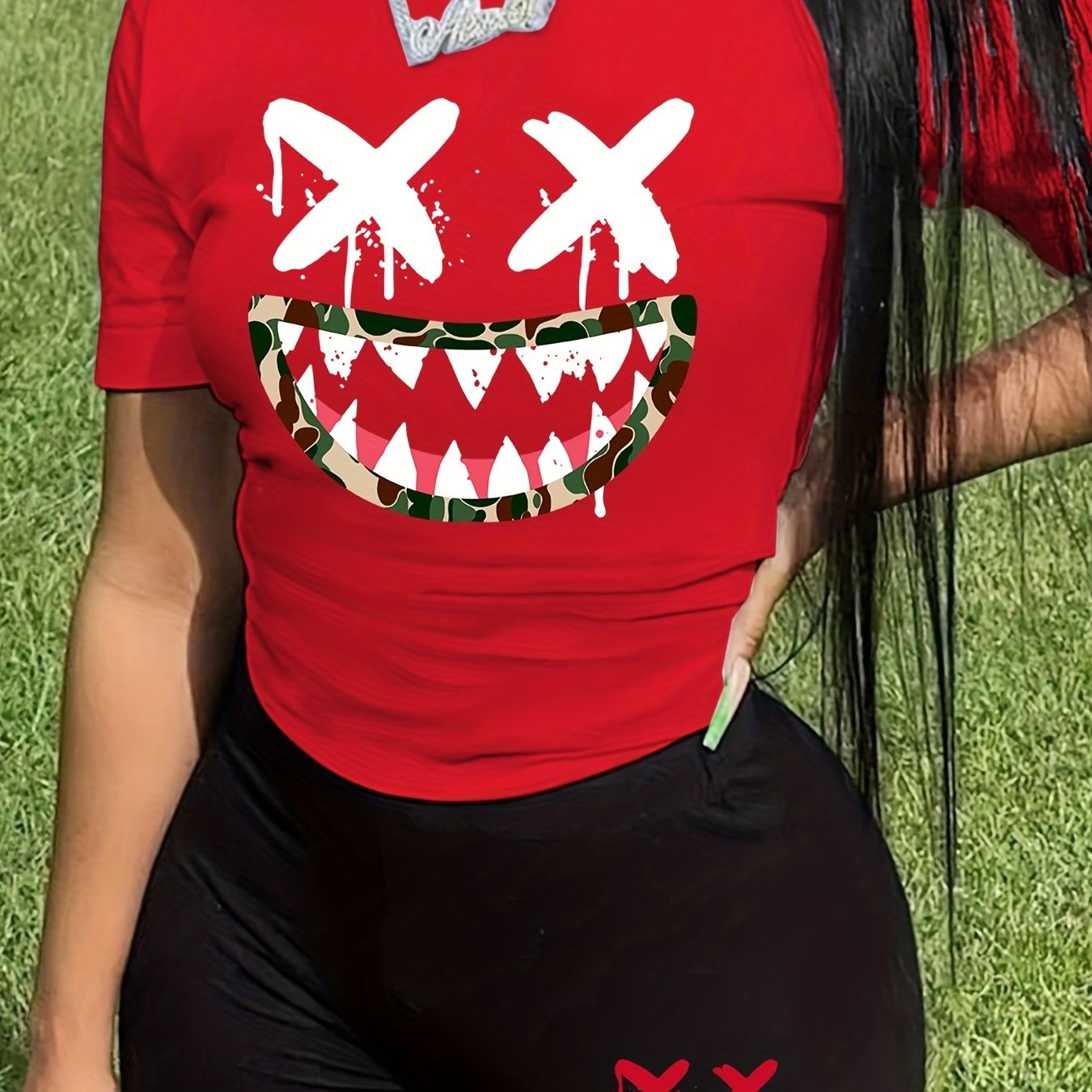 Women's Plus Funny Print Top & Shorts Two Piece Set