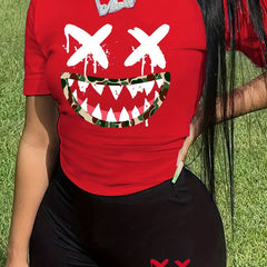 Women's Plus Funny Print Top & Shorts Two Piece Set