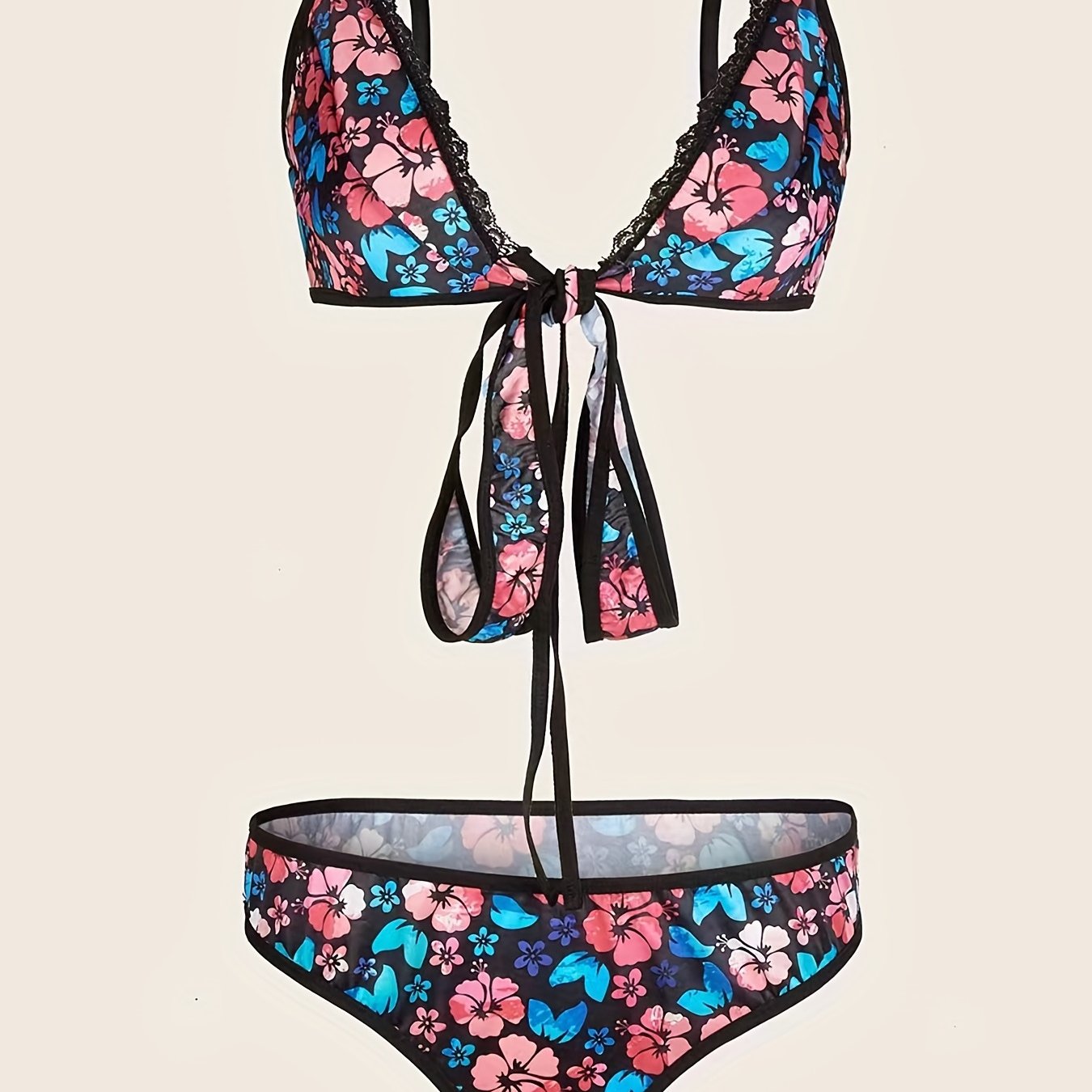  Floral Print Criss Cross Tie Back Bra & Brief 2pcs Set