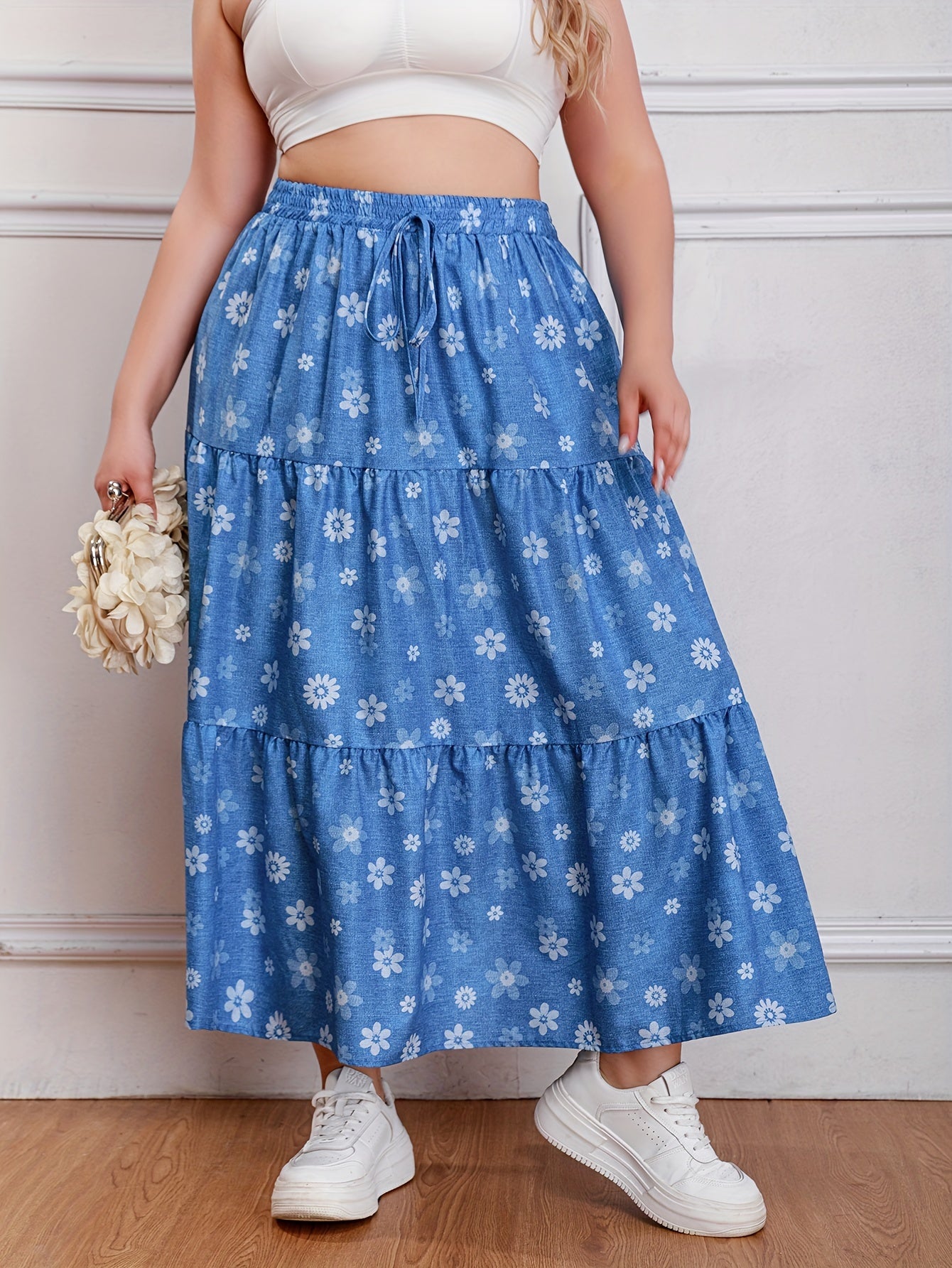  Floral Print Drawstring Maxi Skirt