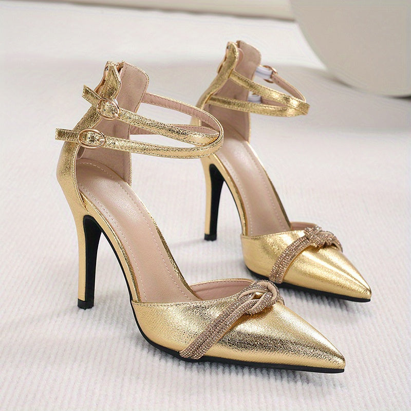 Rhinestone Stiletto Heels Pointed Toe Pumps Buckle Strap
