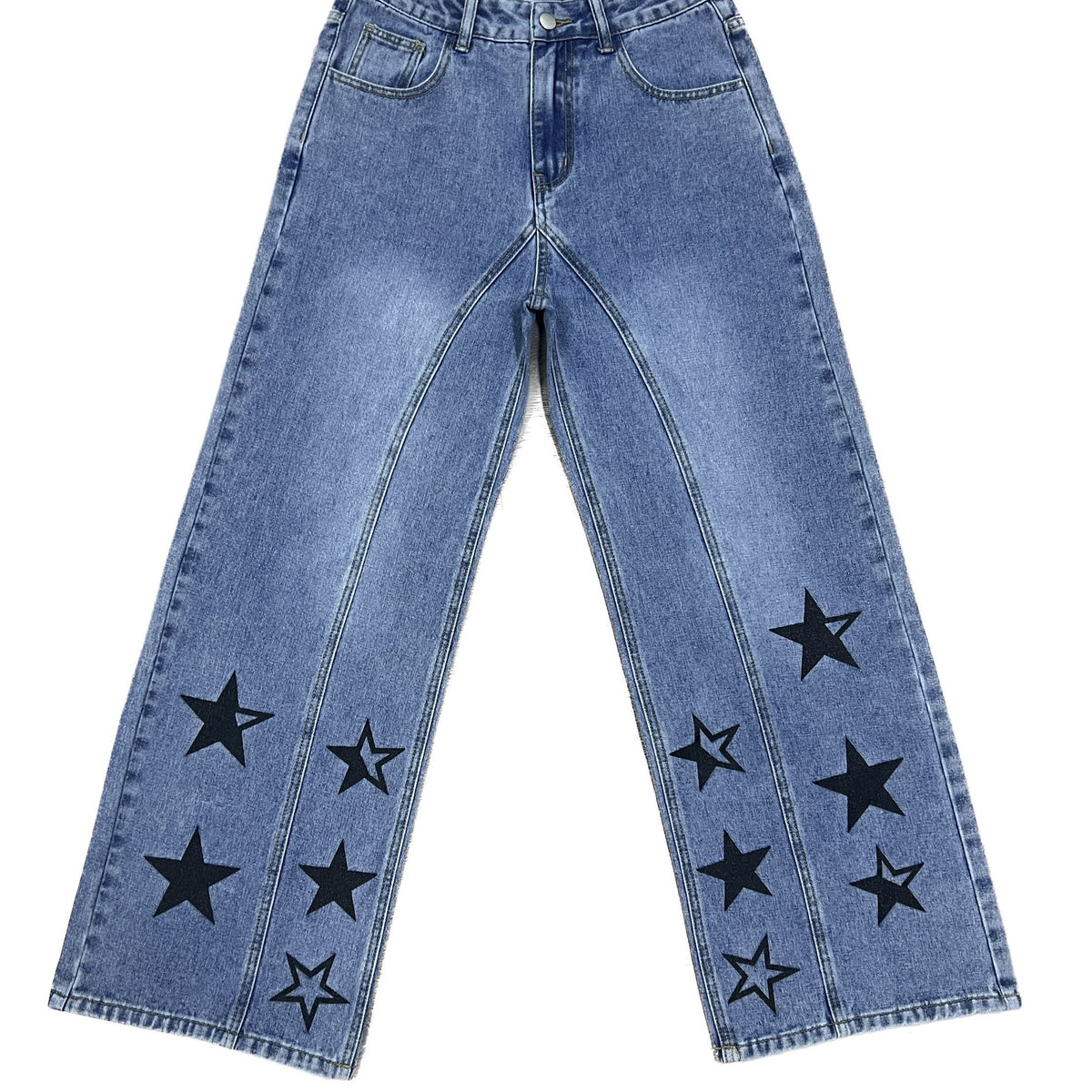 Star Print Wide Leg Pintuck Jeans High Rise