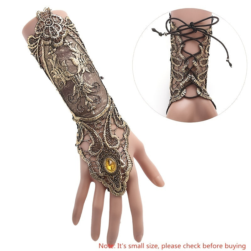 Golden Rhinestone Gothic Steampunk Lace Cuff Fingerless Glove